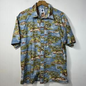 Gap Factory Hawaiian Shirt Mens L Blue Tropical Palm Tree Cotton Short Sleeve